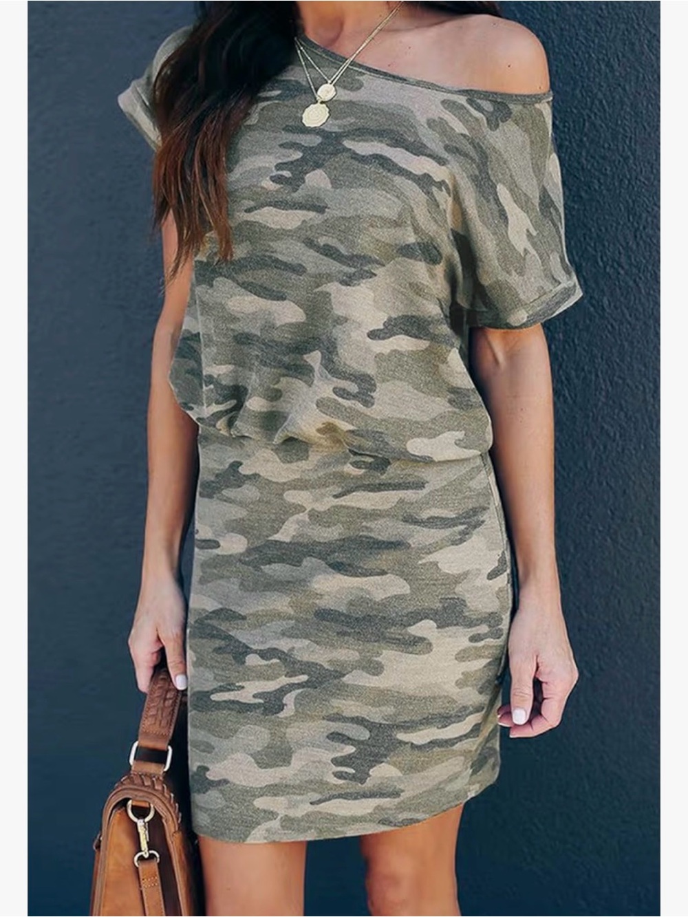 Camo Off-Shoulder T-Shirt Dress - gray/charcoal tones